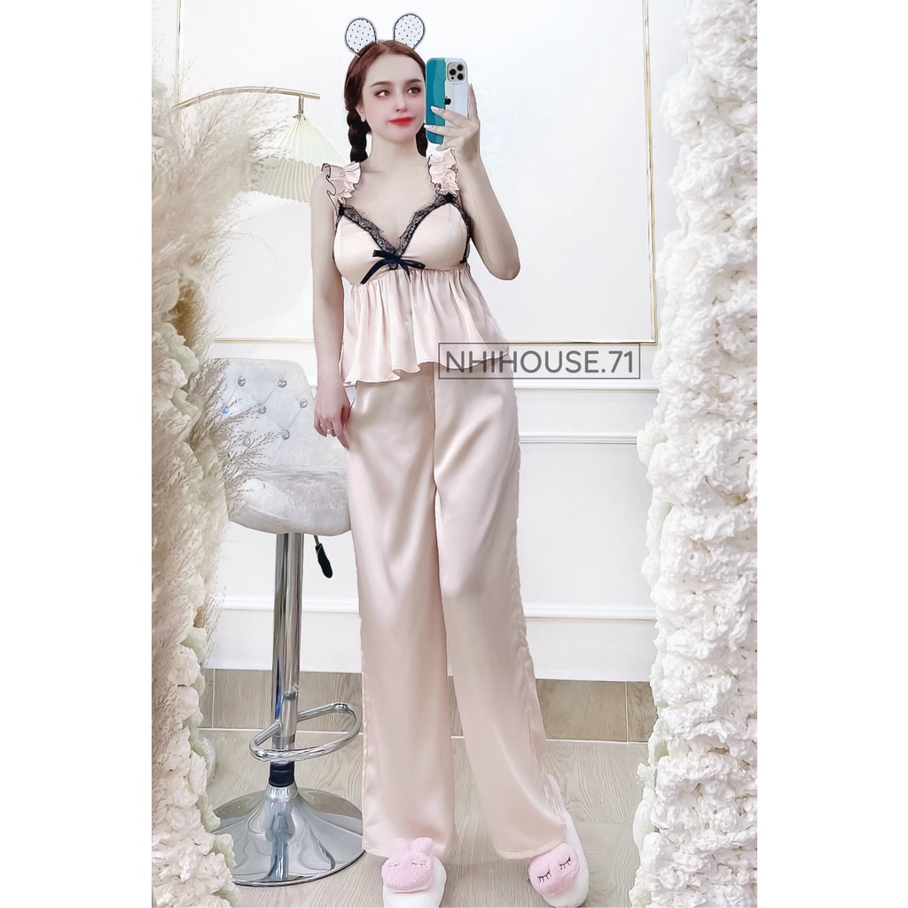 [FREESHIP 50K] Bộ Mặc Nhà Nhistore - Bộ Ngủ Quần Dài Áo  2 Dây Cúp Ngực Bèo Ren Sexy Freesize Dưới 57kg