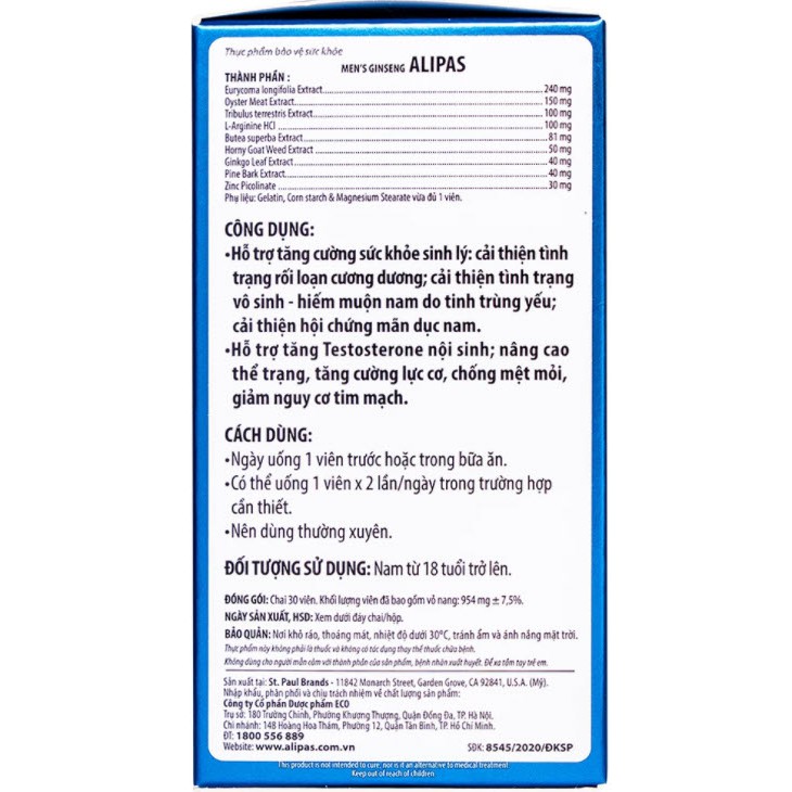 (CHÍNH HÃNG) Sâm Alipas 30 viên uống tăng cường sinh lý nam, bổ thận, tráng dương - Có tem tích điểm