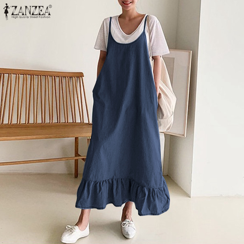 Váy maxi ZANZEA denim màu xanh lam thiết kế không tay có túi hai bên viền váy xếp ly cho nữ