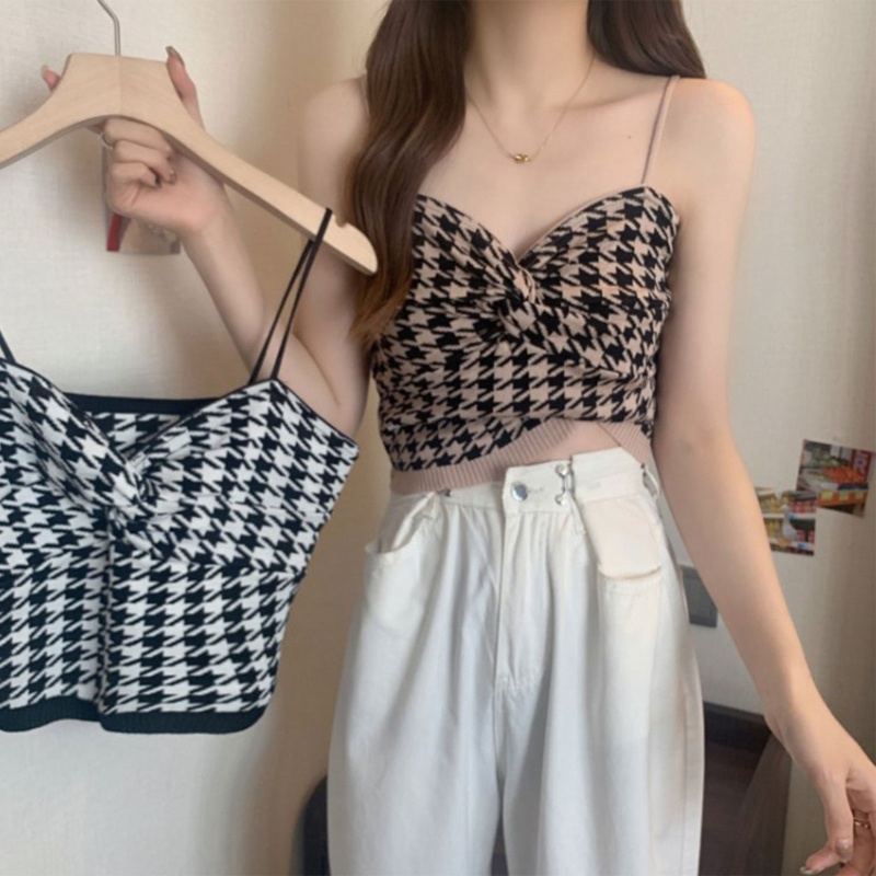 Brroa Áo Hai Dây Dệt Kim Họa Tiết Houndstooth Thời Trang Mùa Hè Cho Nữ