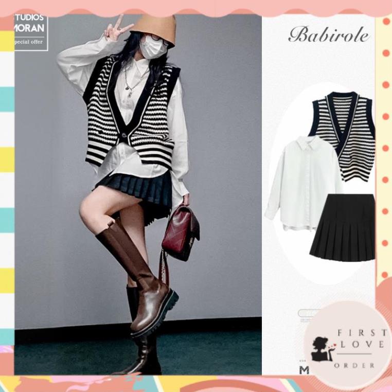(firstlove ORDER) Áo vest len gile MORAN cổ V rộng cài 2 khuy kẻ sọc ngang đen trắng style retro
