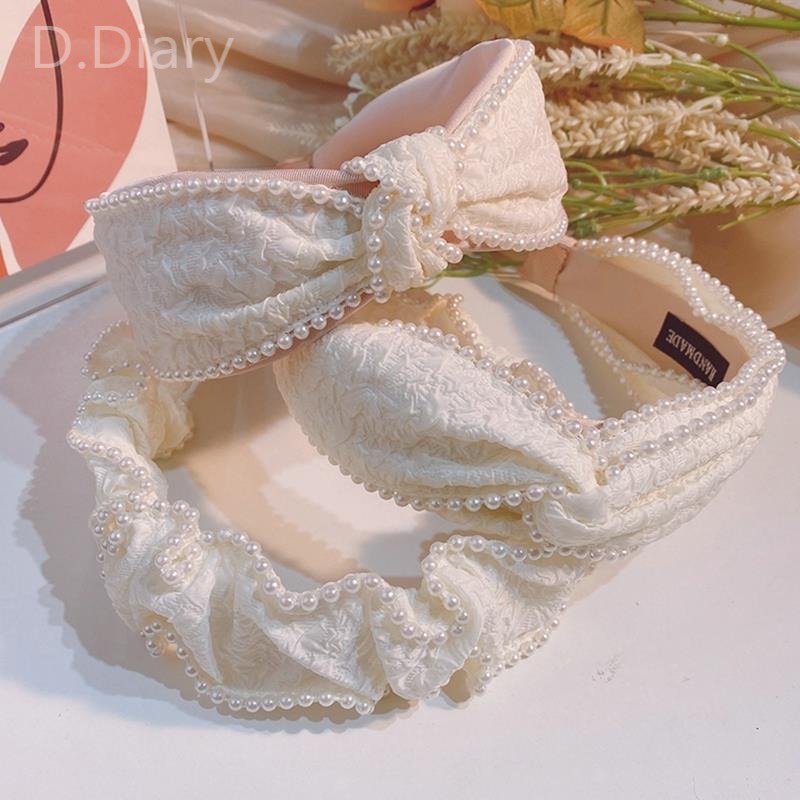 Băng Đô Cài Tóc Mềm Màu Trơn Đính Ngọc Trai Cổ Điển Thời Trang Cho Nữ