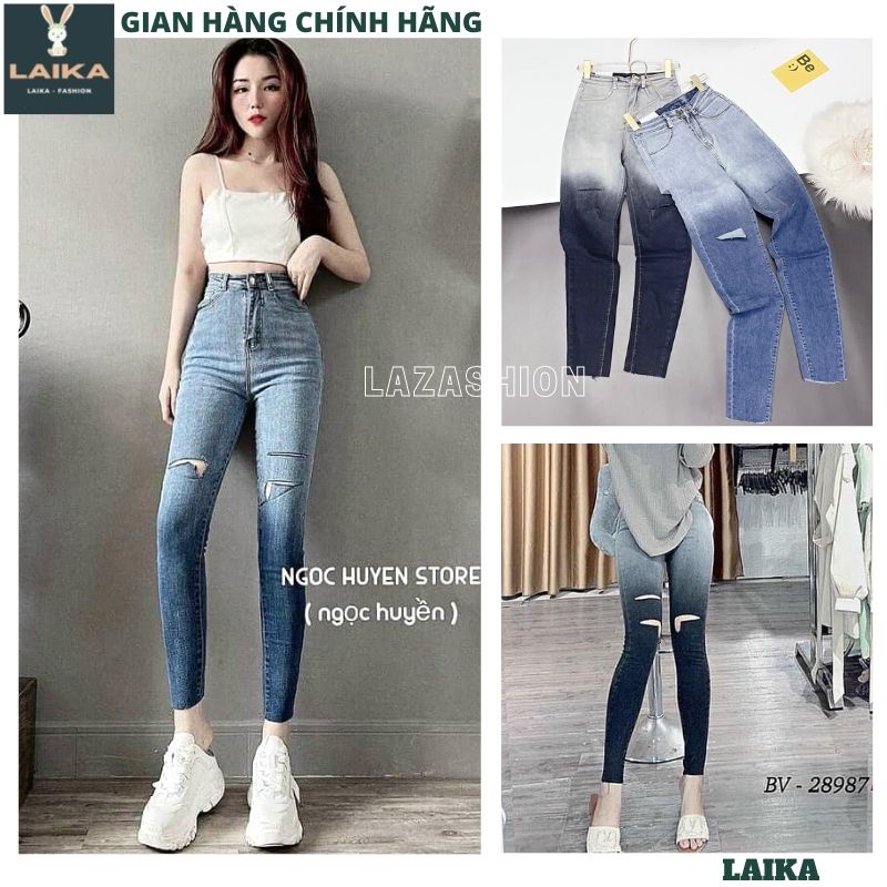 Quần jeans bò nữ loang mầu rách gối kiểu dáng hàn quốc ống bó ôm sát tôn dáng chân dài cạp cao