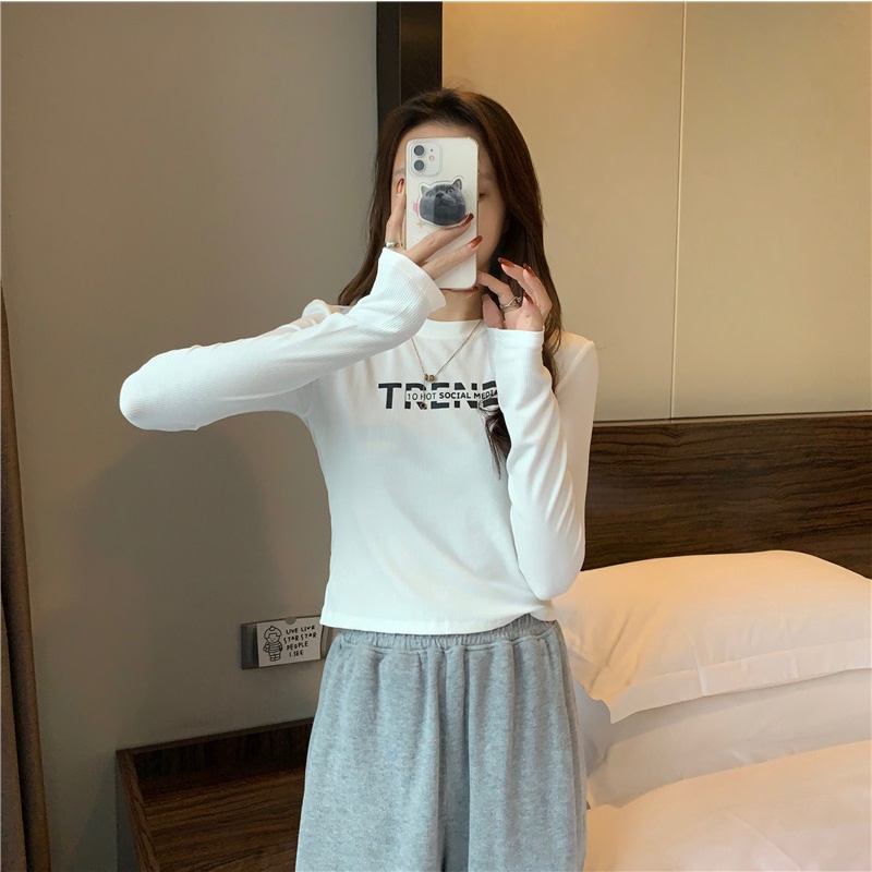 SUXI Áo Thun Tay Dài Dáng Rộng Màu Sắc Đơn Giản In Chữ Thời Trang Xuân Thu Dành Cho Nữ