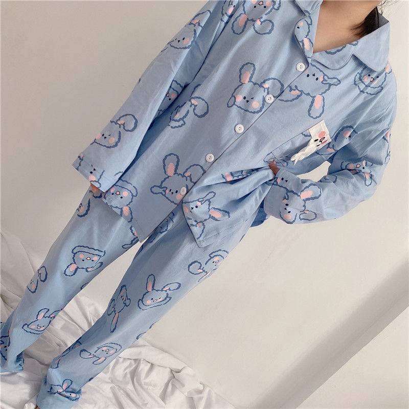 Bộ đồ ngủ tay dài và rộng in hình thỏ đáng yêu kiểu Hàn thời trang xuân thu thoải mái dành cho nữ