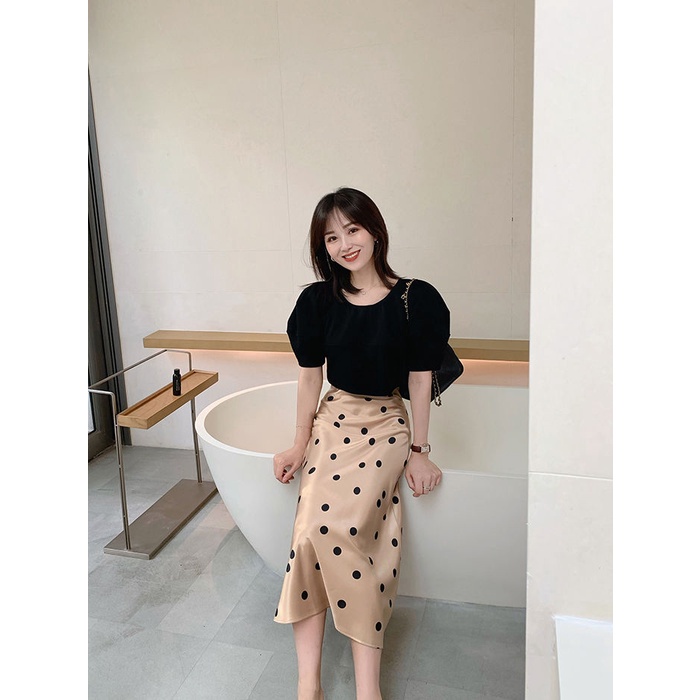 Chân váy chữ A vải satin họa tiết chấm bi kiểu Hàn Quốc thời trang mùa hè cho nữ size S-3XL