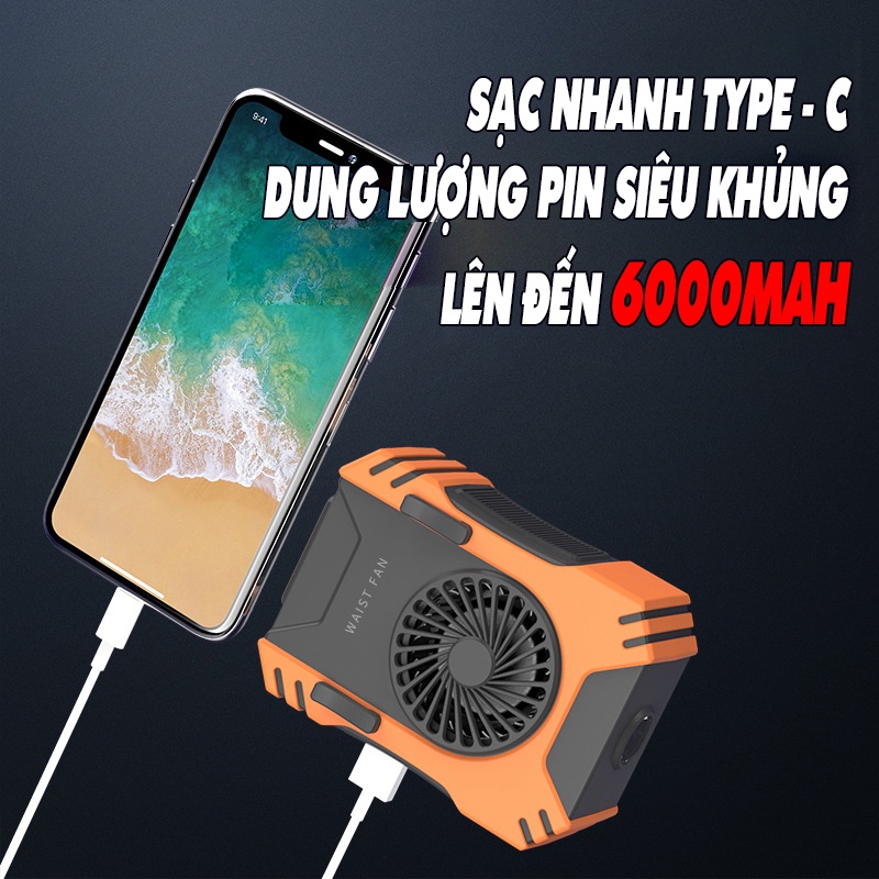 Quạt mini kẹp thắt lưng, quạt kẹp đa năng kiêm sạc dự phòng và đèn pin, dung lương 6000mAh chống nước tốt