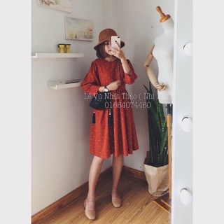 Đầm babydoll chấm bi cam đất