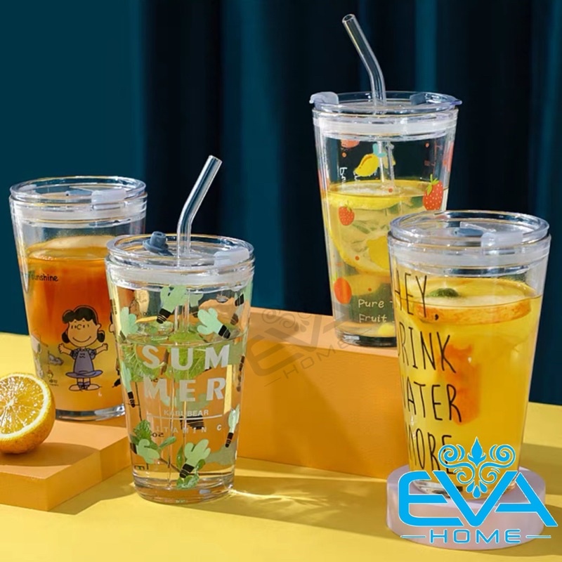 Ly Thuỷ Tinh In Hoạ Tiết Hoạt Hình Có Vạch Chia 400 Ml Kèm Nắp Đậy Kín Hơi Và Ống Hút Thuỷ Tinh SP2682
