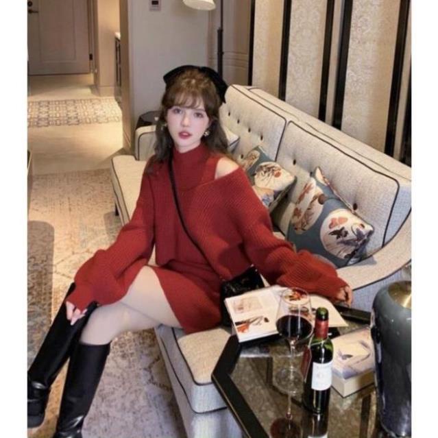 Váy Len Đỏ CELORA ,Đầm Len Cổ Lọ ôm Body Cao Cổ  Kèm Áo Khoác Len tăm Nữ Mềm Màu Đỏ Dài Tay | BigBuy360 - bigbuy360.vn