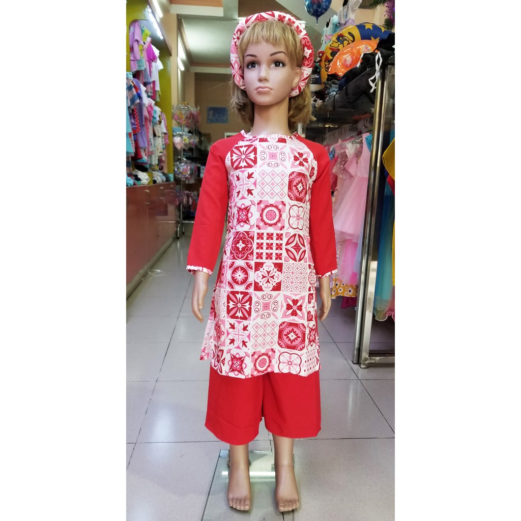 Bộ áo dài cô ba Sài Gòn họa tiết gạch bông vintage dễ thương