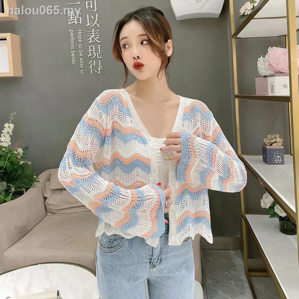 Áo Khoác Cardigan Dệt Kim Lụa Lạnh Mỏng Họa Tiết Kẻ Sọc Thời Trang Mùa Hè Mới Cho Nữ 2021