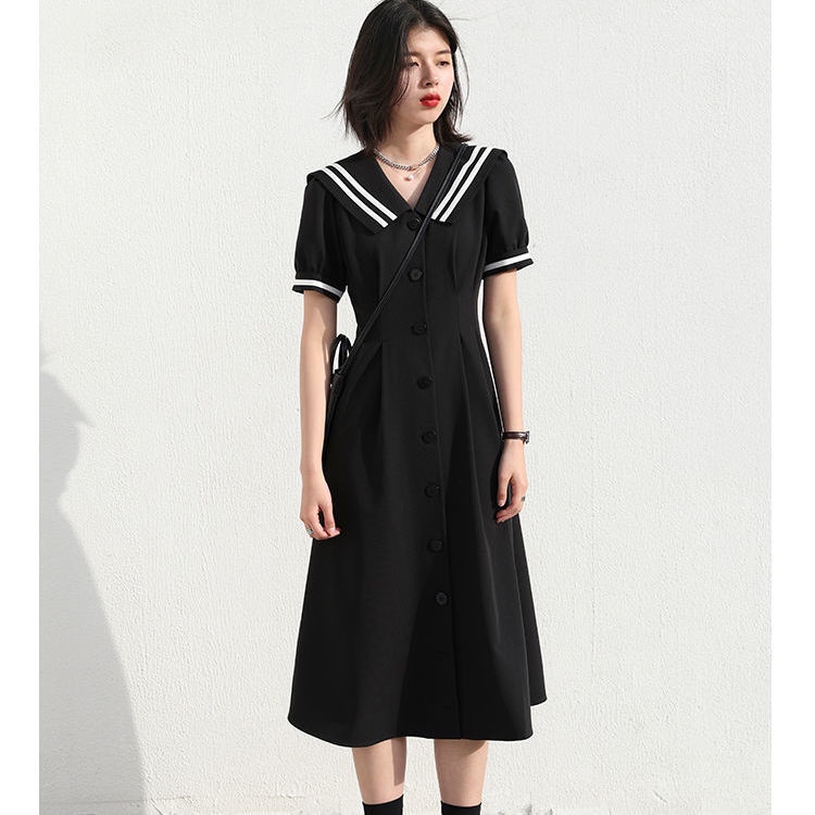 Đầm Dài Qua Gối Cổ Thủy Thủ Màu Đen Phong Cách Preppy Cổ Điển Dành Cho Học Sinh