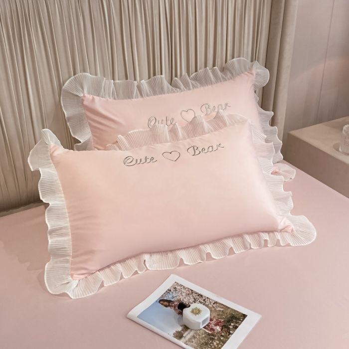 Light luxury Princess lace washed silk three or four piece set spring and summer 1.8 fitted sheet naked sleeping sheet quilt cover ice silk set Qon8