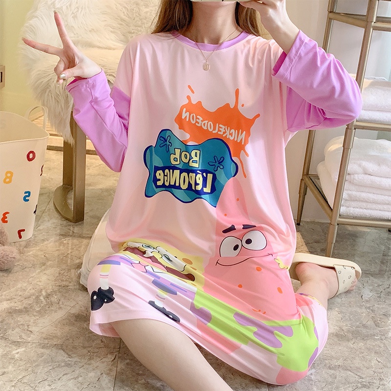 Váy Ngủ Dài Tay Thun Sữa Mềm Mịn, Đầm Ngủ Suông Hoạ Tiết Nghộ Nghĩnh Dáng Dài Freesize