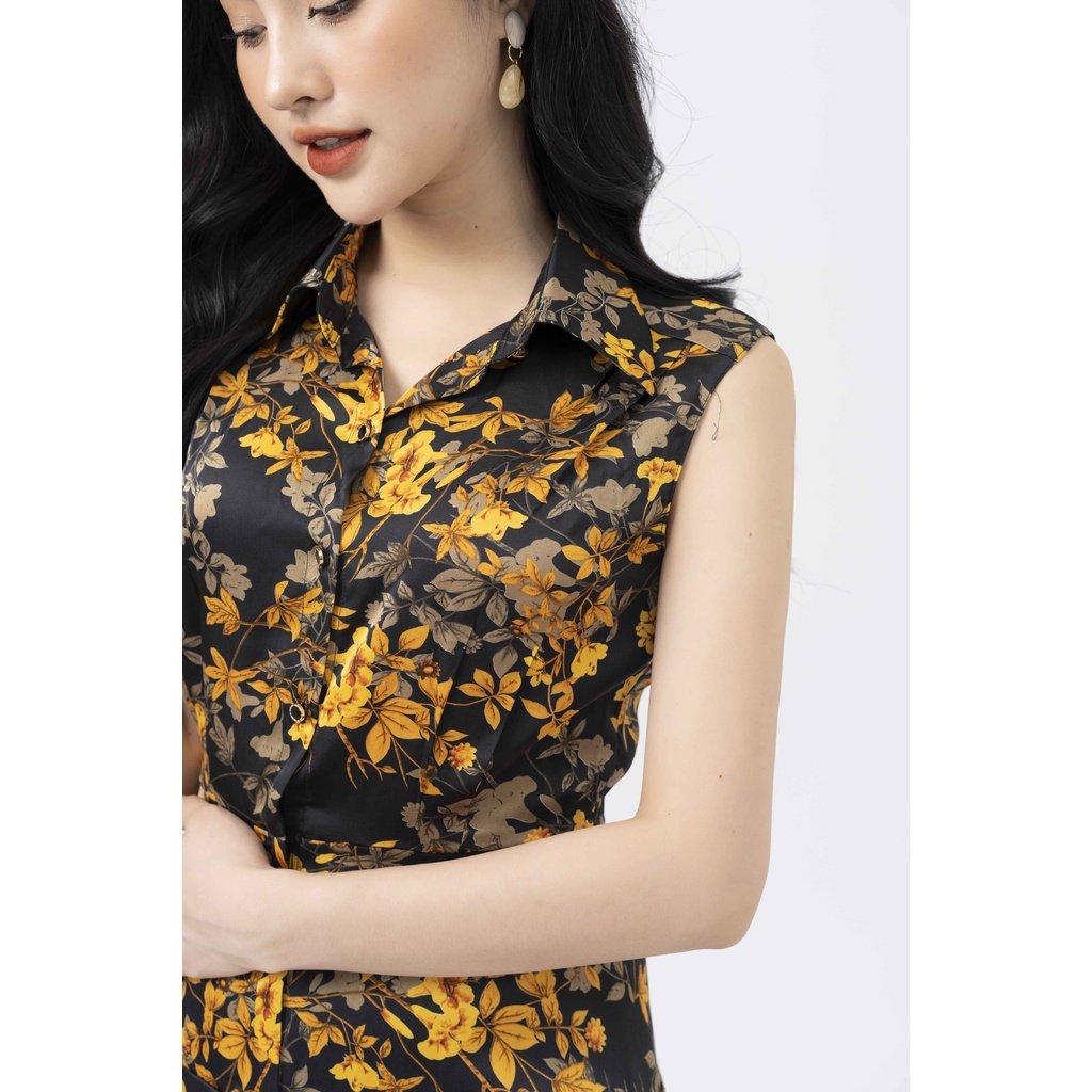 Đầm thiết kế cao cấp FIONA váy công sở nữ xếp ly họa tiết hoa nhí cổ đức nẹp đính cúc tay sát nách F452005