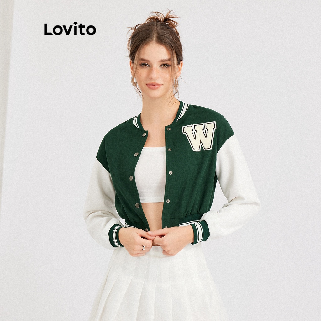 Áo khoác Lovito màu trơn họa tiết chữ cái ghép màu không biến dạng phong cách thường ngày L30ED026 (màu xanh lá)