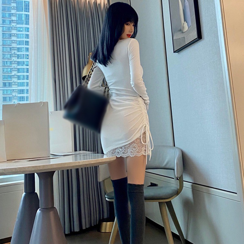 Đầm Tay Dài Phối Ren Hoa Màu Trơn Quyến Rũ Dành Cho Nữ