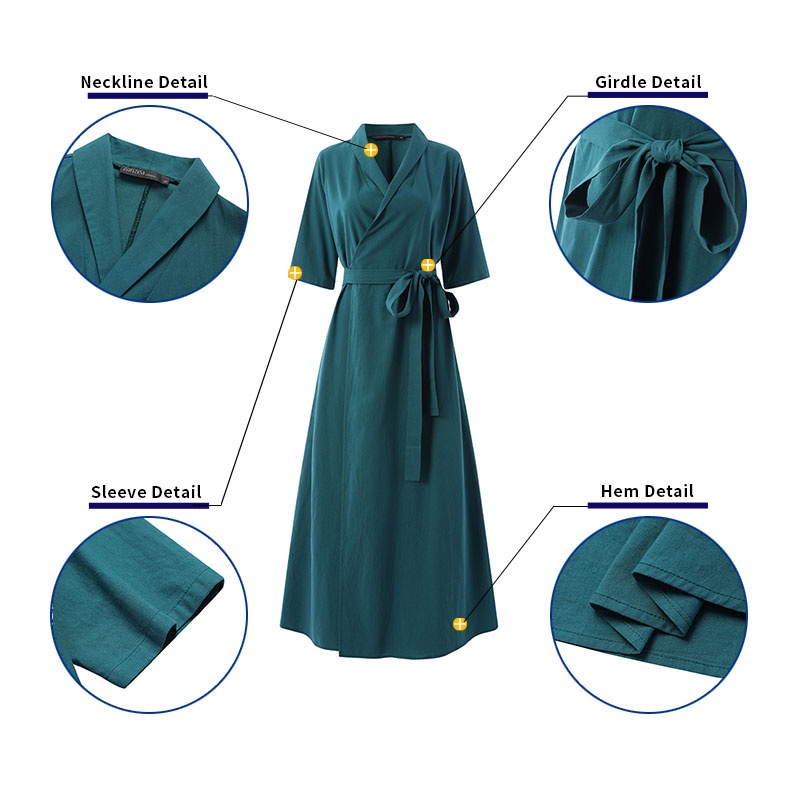 Đầm maxi ZANZEA dài tay cổ chữ v màu trơn thời trang cho nữ