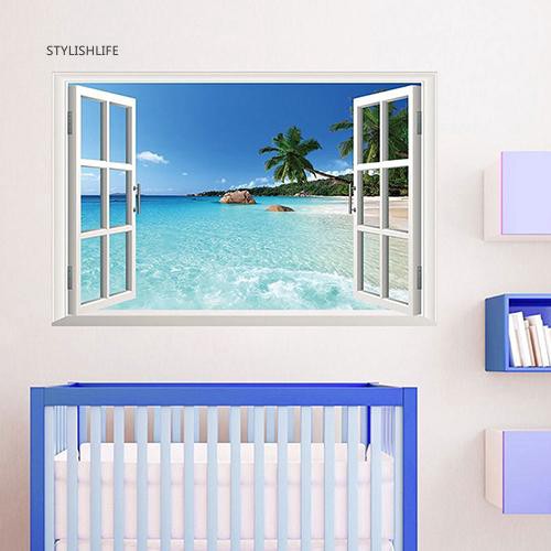 Sticker Dán Tường Hình Cửa Sổ 3D Phong Cách Đại Dương Độc Đáo