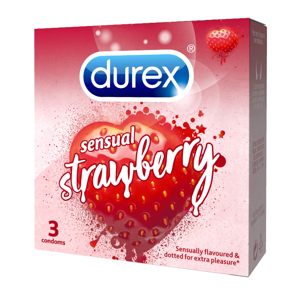 Bộ 3 hộp bao cao su Durex Sensual Strawberry hương dâu (size 52mm, 3 bao/hộp)