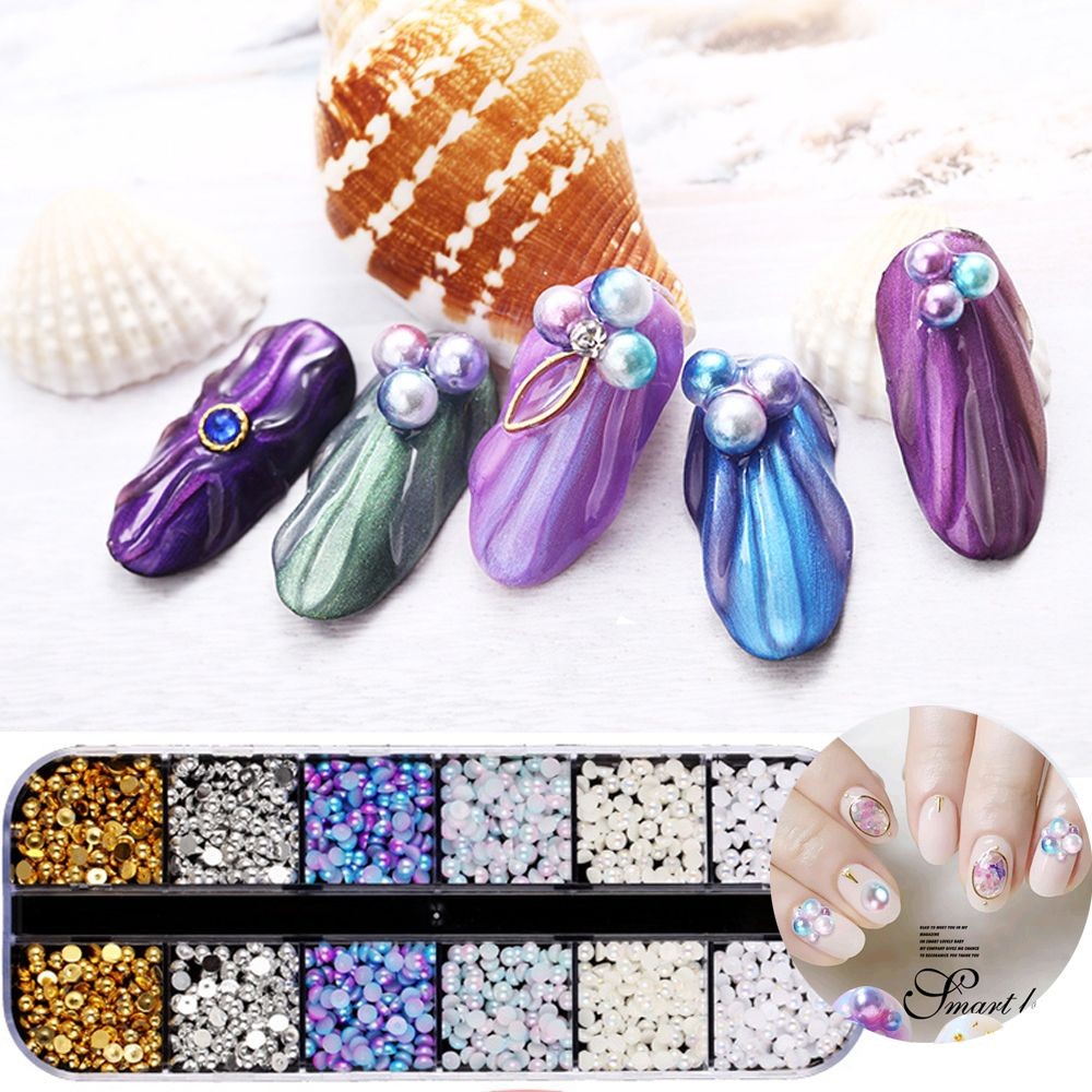 12 Colors 3D Pearls Nail Art Tips Glitter Acrylic Manicure Nail Decors