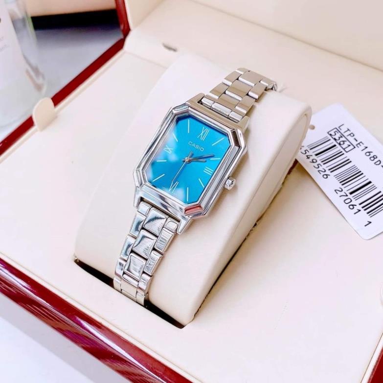 ĐỒNG HỒ NỮ CHÍNH HÃNG Casio LTP-E169D mặt xanh cực độc lạ, mặt vuông dây thép không gỉ - VEUWATCH