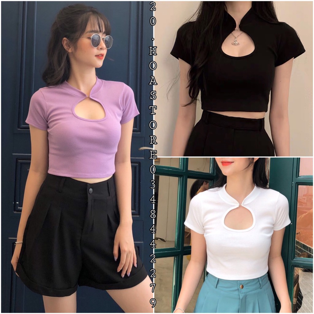 ÁO CROPTOP KHOÉT NGỰC TÍM TRẮNG ĐEN ULZZANG - ÁO BODY GIỌT LỆ TAY NGẮN