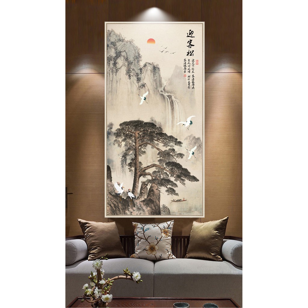 Tranh canvas treo tường Tùng hạc sơn thủy hữu tình LIN - 50 x 100 cm