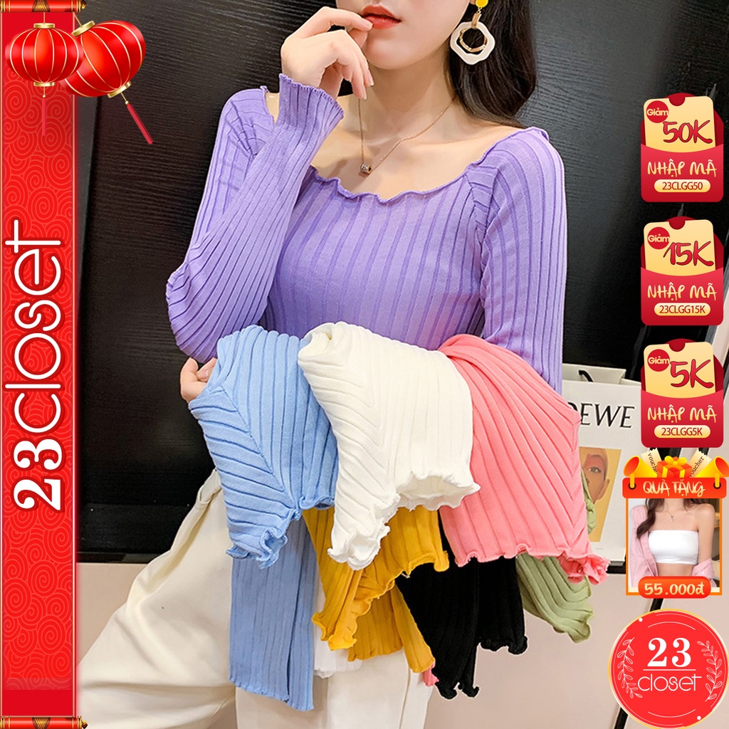 Áo len trễ vai 23Closet áo len croptop hở vai nữ tay dài pha nhún cao cấp kiểu Hàn Quốc nhiều màu sắc - ALTT14