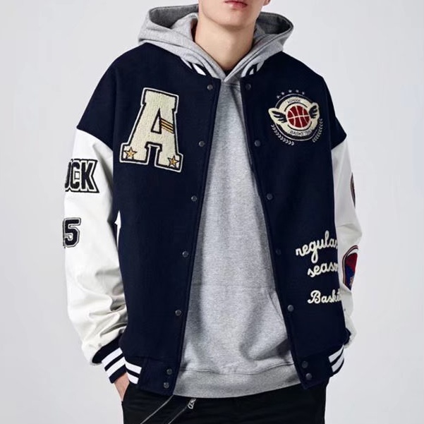 S-4XL Áo khoác bóng chày màu navy có mũ trùm đầu thời trang nghề thêu máy bay ném bom hai tầng Vải da cảm thấy Kích thước lớn