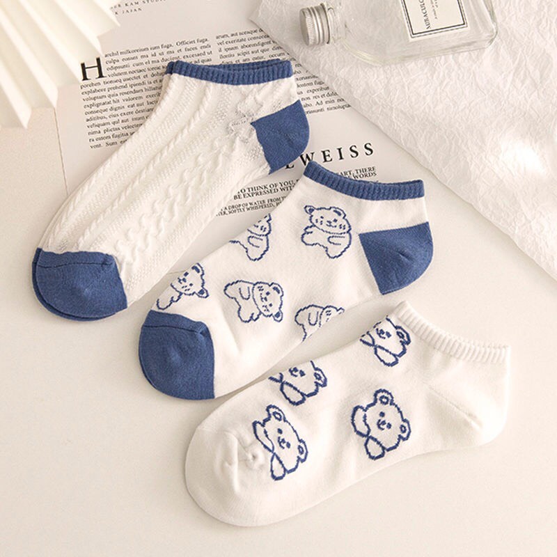 Tất vớ cổ thấp màu xanh họa tiết kẻ, gấu xinh xắn giá rẻ chất liệu thoáng mát