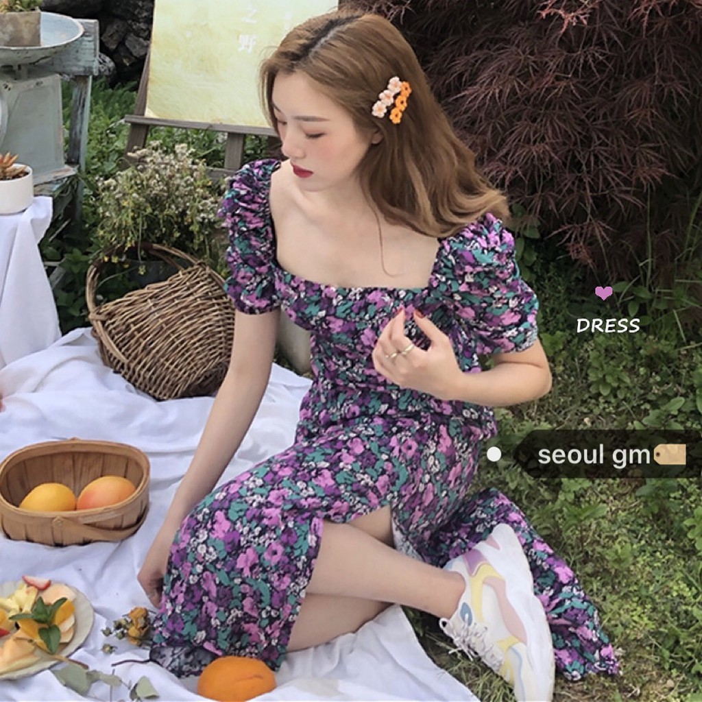 (ORDER) Váy hoa tím sơn dầu cổ vuông vai bồng dáng dài xẻ tà cao gợi cảm style vintage (NEW ARRIVALS 2020)