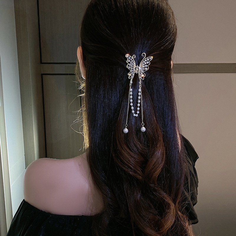 Kẹp tóc CHLINS trang trí bươm bướm đính chuỗi dây ngọc trai nhân tạo thời trang dành cho nữ