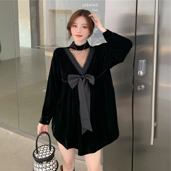 Đầm Nhung Phối Lưới Thắt Nơ Phong Cách Retro Thời Trang Thu Đông