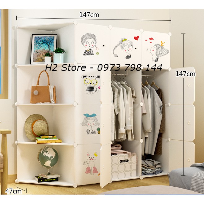 XƯỞNG TỦ NHỰA LẮP GHÉP 16 Ô (GỒM 4 KỆ GÓC) CỬA CÔNG CHÚA NHỎ ĐỂ QUẦN ÁO ĐA NĂNG THÔNG MINH sâu 47cm