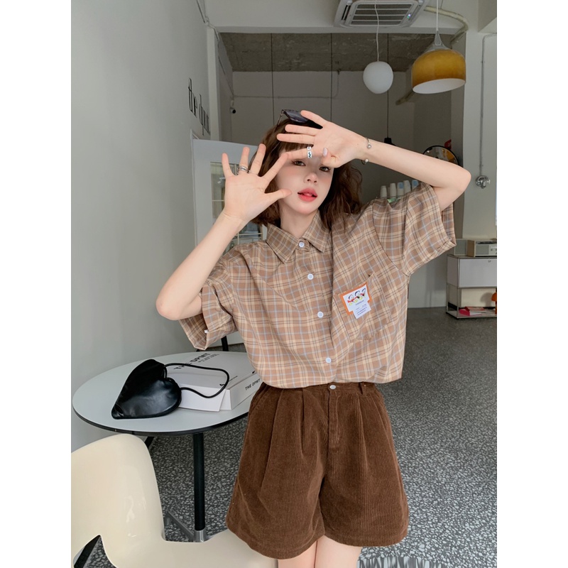 Ethelgirl Áo Sơ Mi Nữ Ngắn Tay Họa Tiết Caro Thời Trang