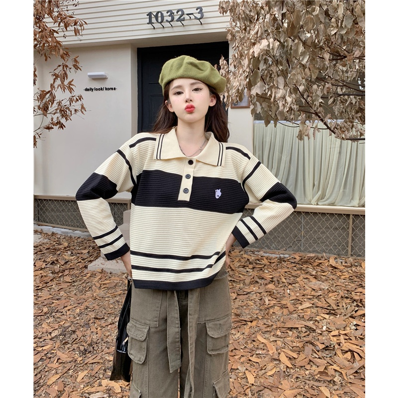 Áo polo ZHELIHANGFEI dệt kim tay dài dáng rộng họa tiết sọc phong cách preppy Mỹ sành điệu