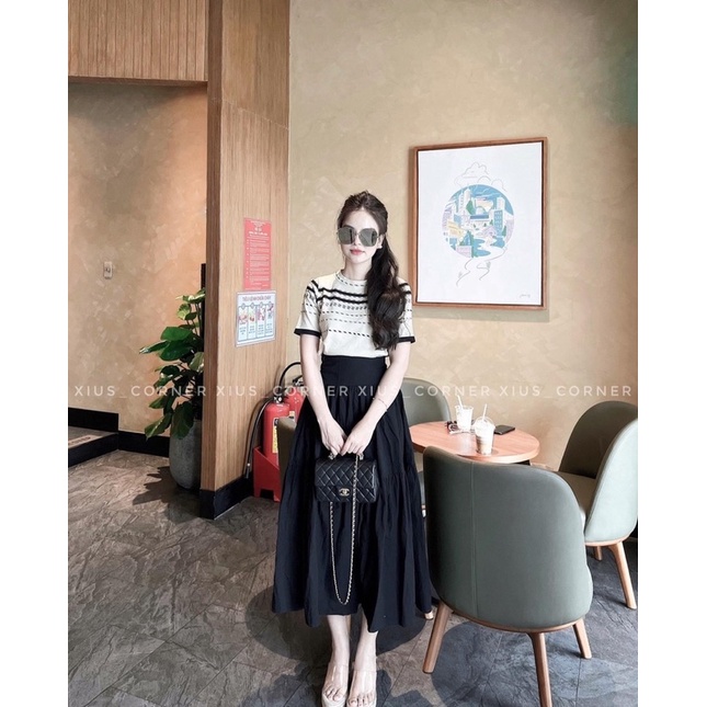 ÁO LEN KẺ ĐEN TAY CỘC CỔ TRÒN MS16772