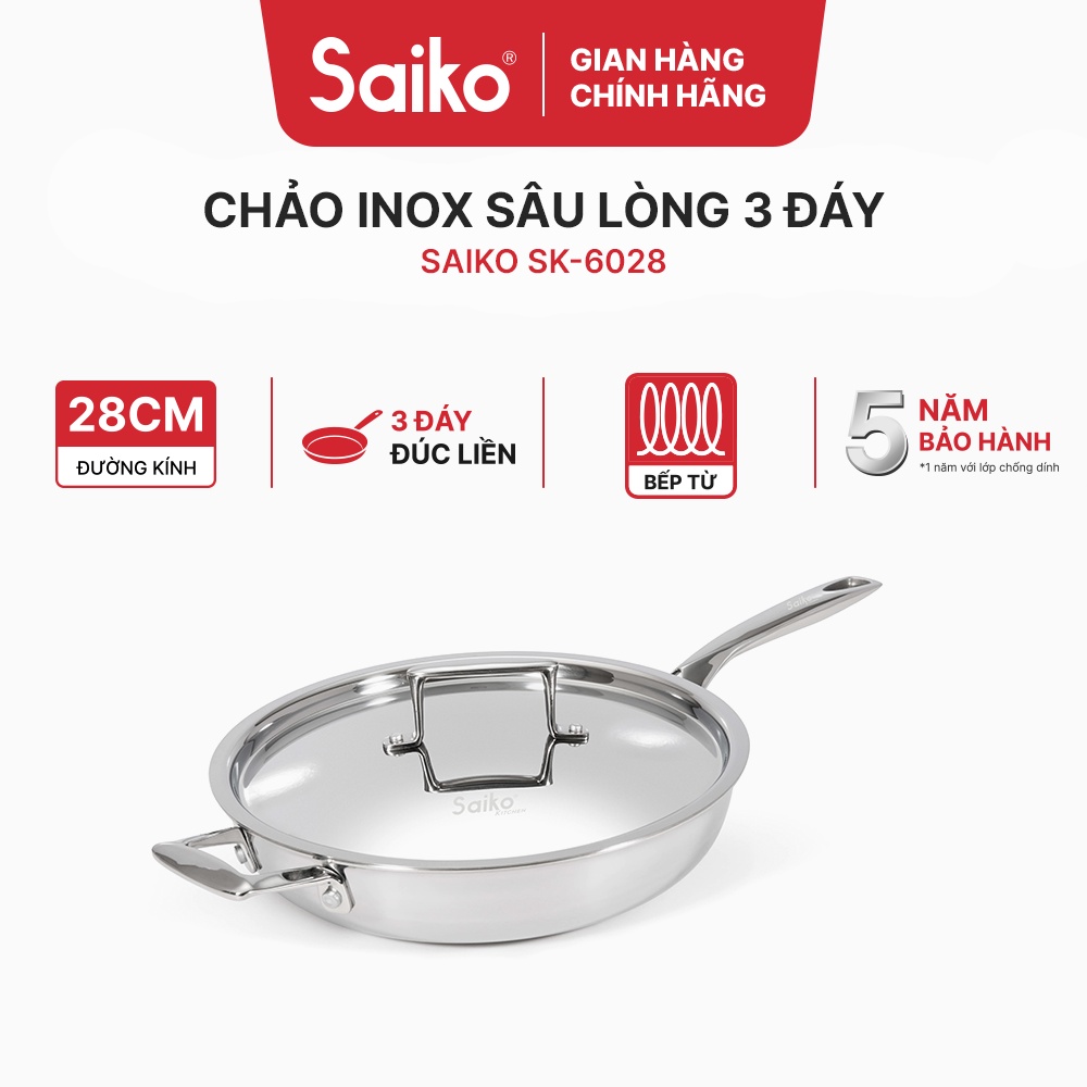 Chảo rán sâu lòng inox Saiko 3 đáy cao cấp kèm nắp, phù hợp gia đình lớn | SK-6028