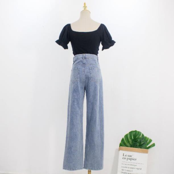 (Sẵn áo, quần S) Áo croptop tay ngắn bồng - Quần jeans ống thụng Rose BLACKPINK cạp cao kiểu trẻ bó eo tôn dáng  ྇