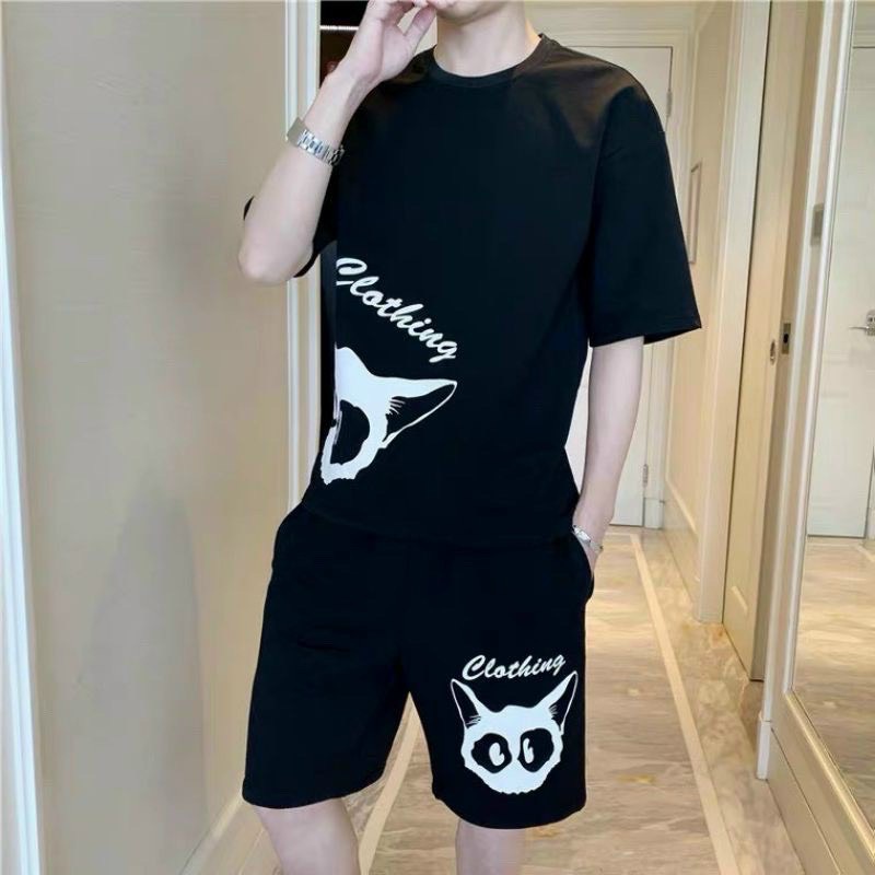 Bộ Quần Áo Thun Nam Ngắn Tay In Hình Mèo CLOTHINGS - Bộ Hè Nam Tay Cổ Tron Tay Lỡ Chất Thun Lạnh Co Dãn 4 Chiều TP94