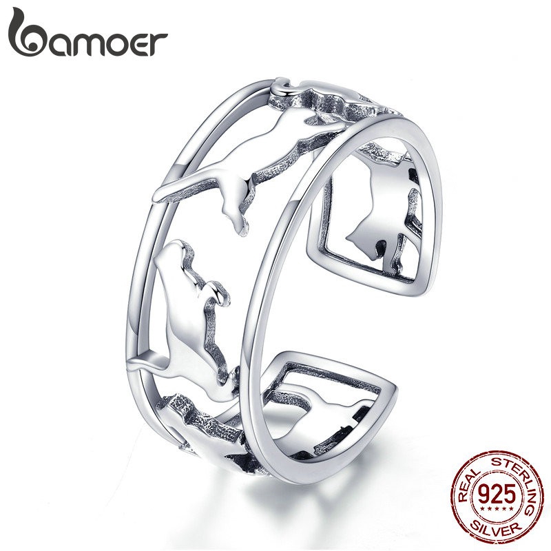Nhẫn dạng mở Bamoer hình mèo bằng bạc 925 chỉnh được sáng tạo cho unisex
