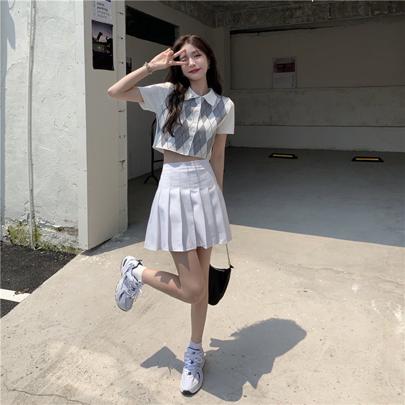 Áo croptop cardigan IELGY cổ polo dệt kim cương màu tương phản phong cách retro cho nữ sinh đại học