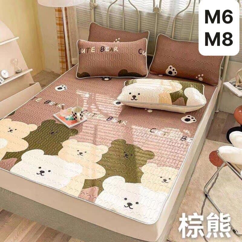 Combo chiếu điều hòa kèm vỏ gối năm-mẫu gia đình gấu xanh