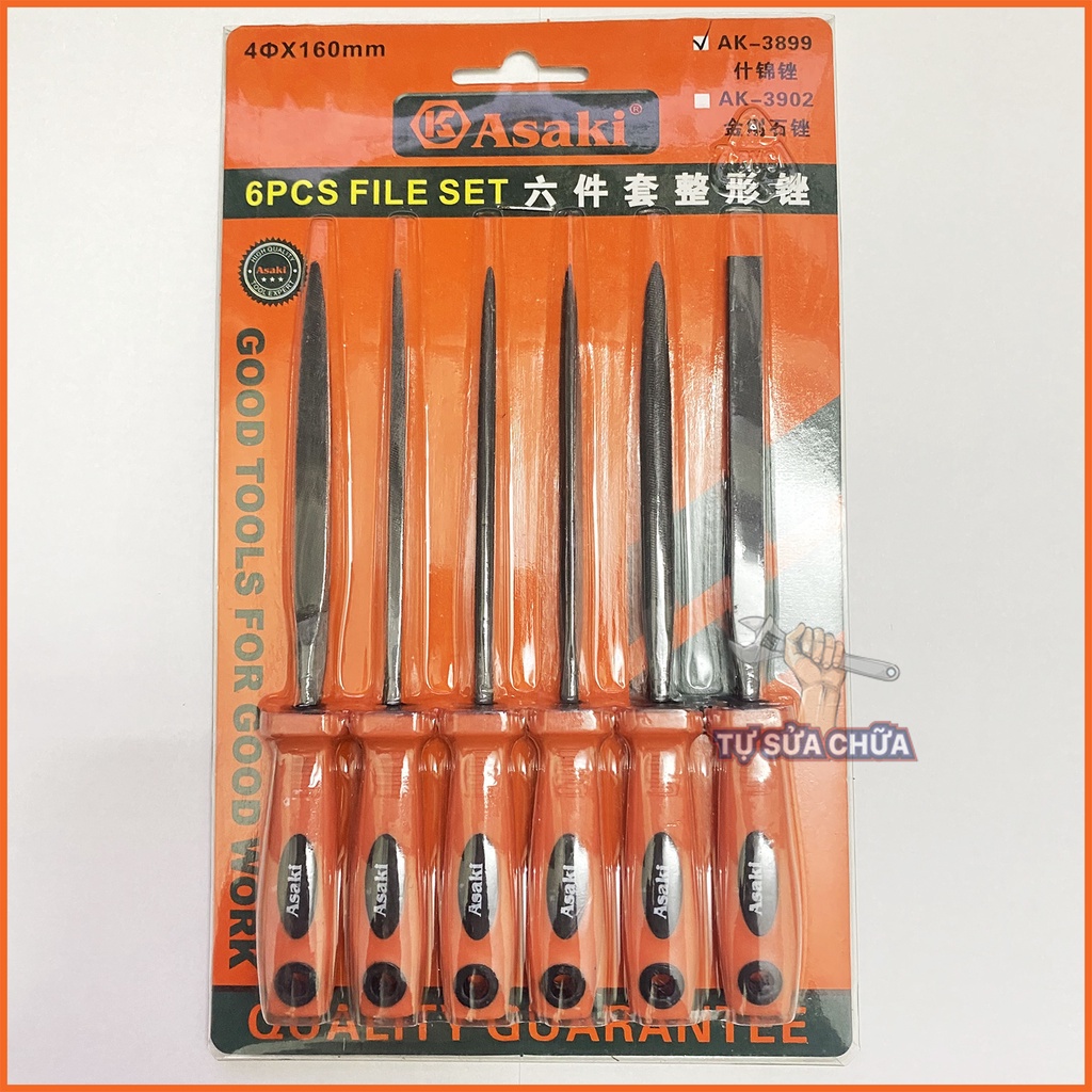 Bộ 6 dũa mài kim loại hợp kim 4x160mm Asaki AK-3899, bộ giũa mài đa năng thép carbon T2 chống mài mòn, dũa mini cao cấp