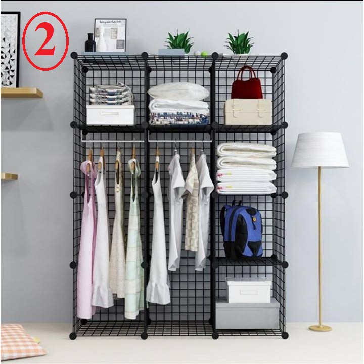 Tủ Quần Áo Lắp Ghép 40 Tấm Lưới Sắt Thép Size 35*35cm -Tặng Kèm 45 Chốt + Búa+ Thanh Treo Quần Áo