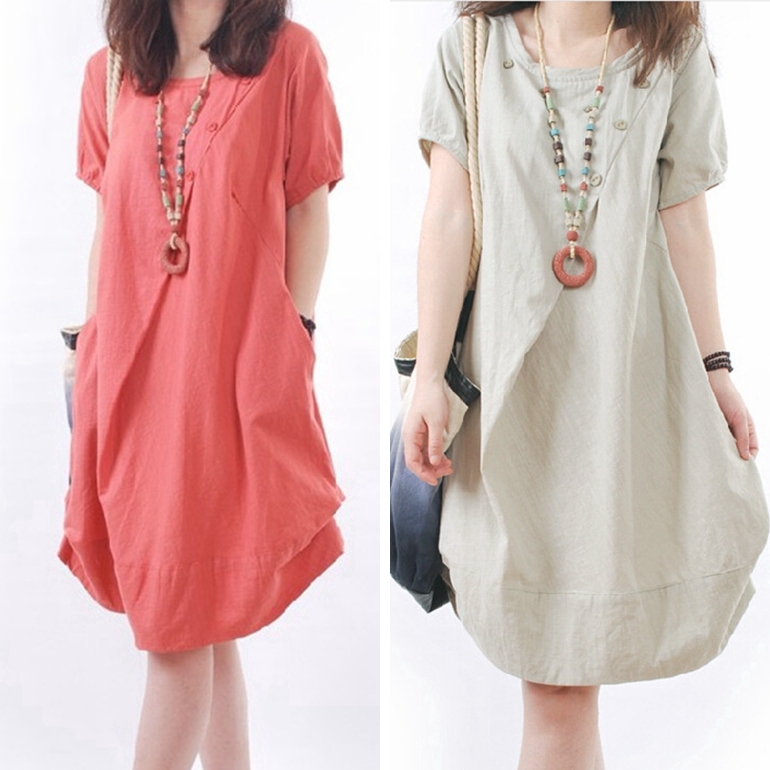 Váy midi ngắn tay dáng rộng bằng vải lanh cotton cho nữ size S-2XL