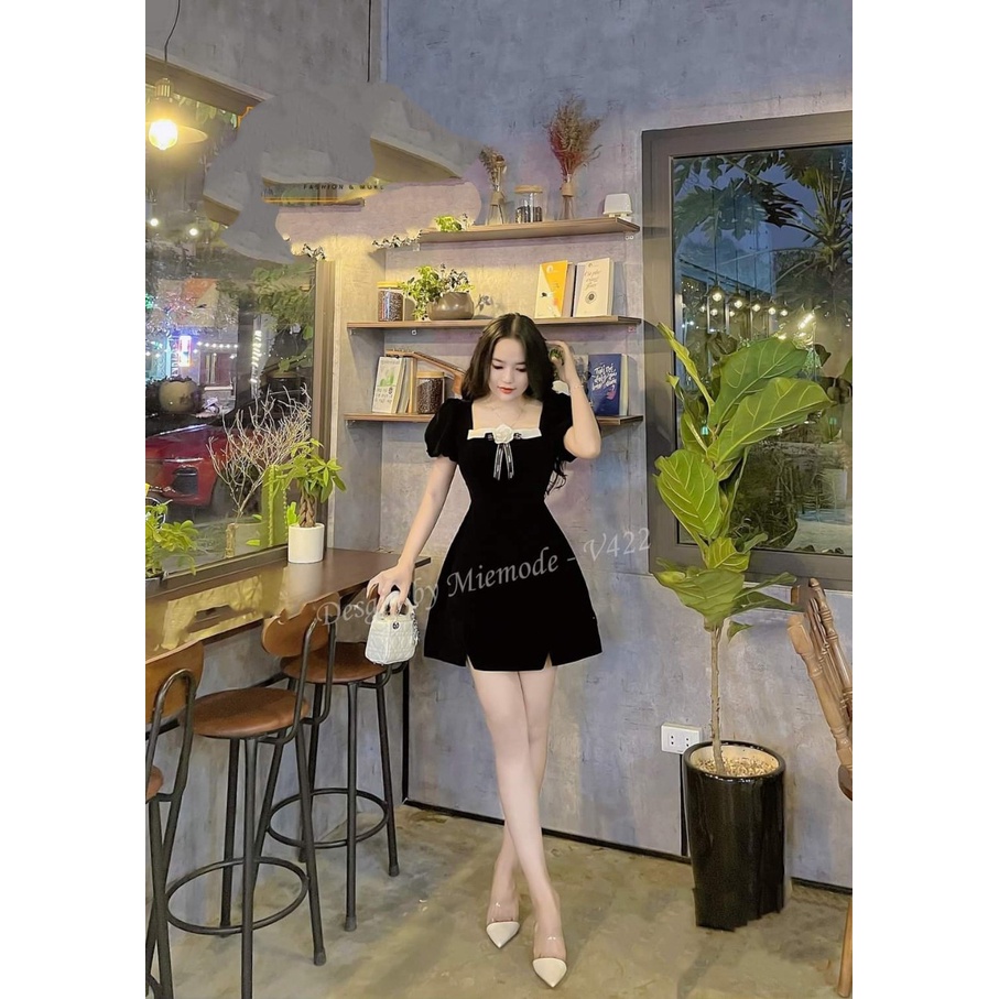 Váy đầm thiết kế Nhung cổ vuông tay bồng vạt lật trắng chân váy chữ A.