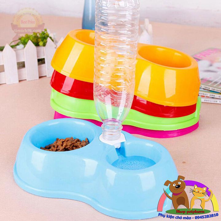 Khay ăn uống tự động cho chó mèo thú cưng – Bát ăn đôi kèm máng nước